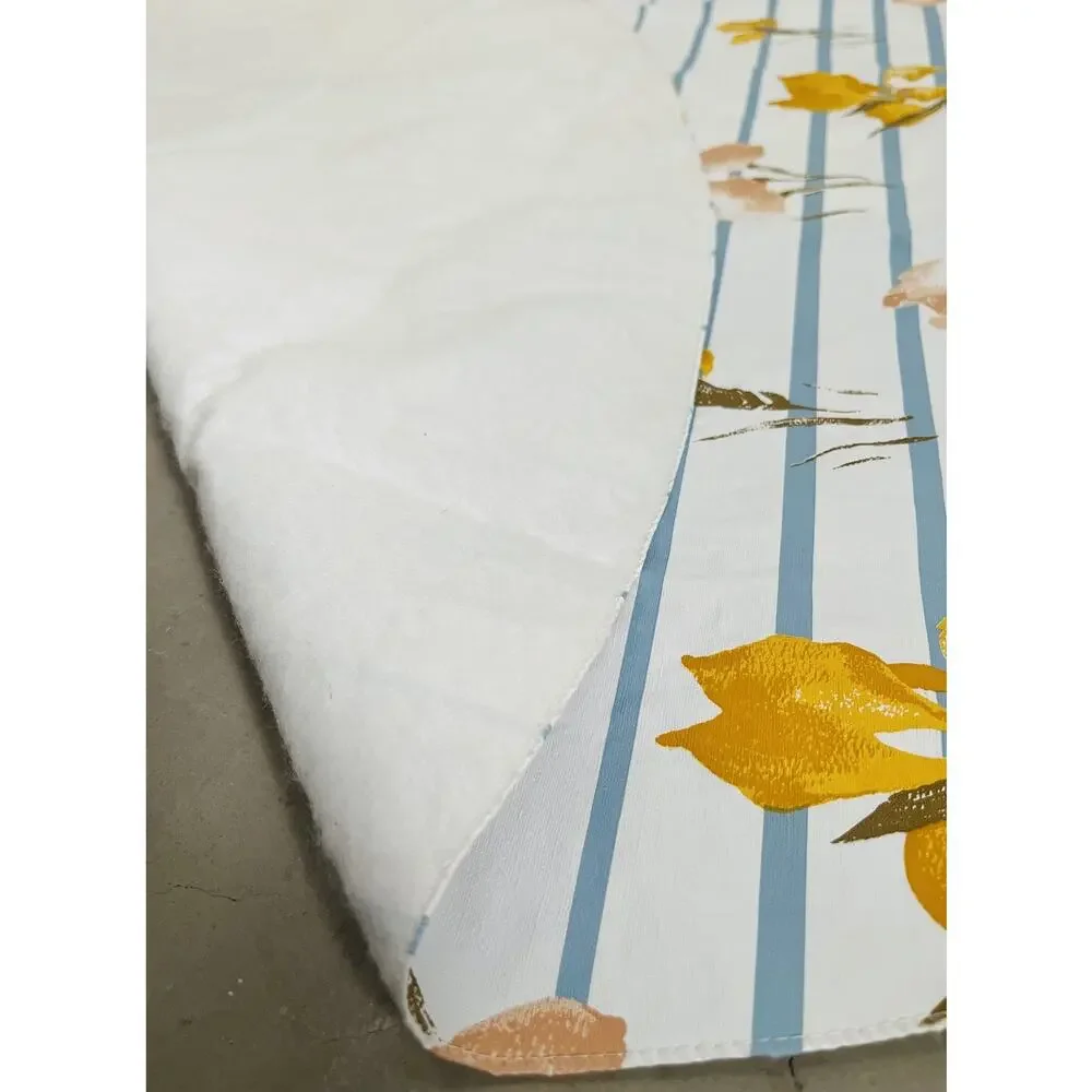 Vinyl Flannel Back Tablecloth Round IRIS FLOWER Yellow Pink Blue Stripes Vintage